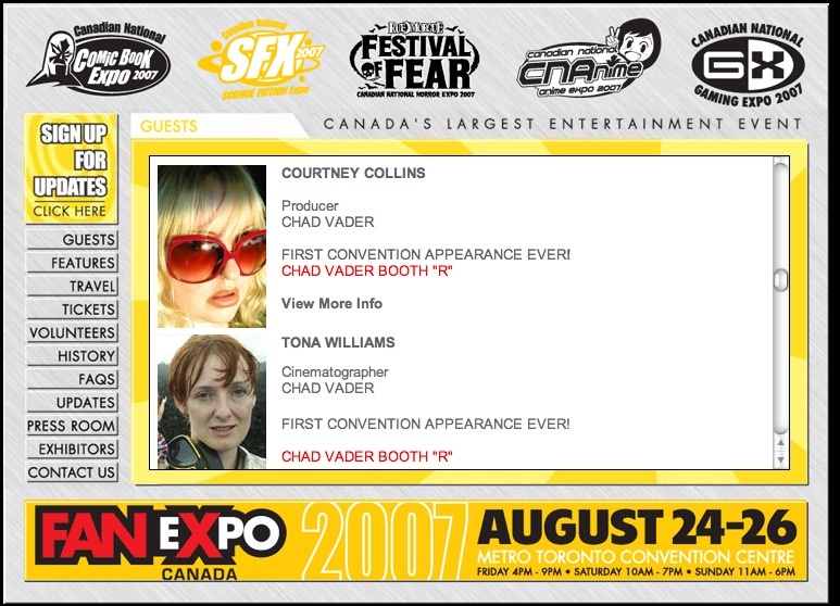 Fan Expo 2007 guest list featuring Courtney Collins and Tona Williams.