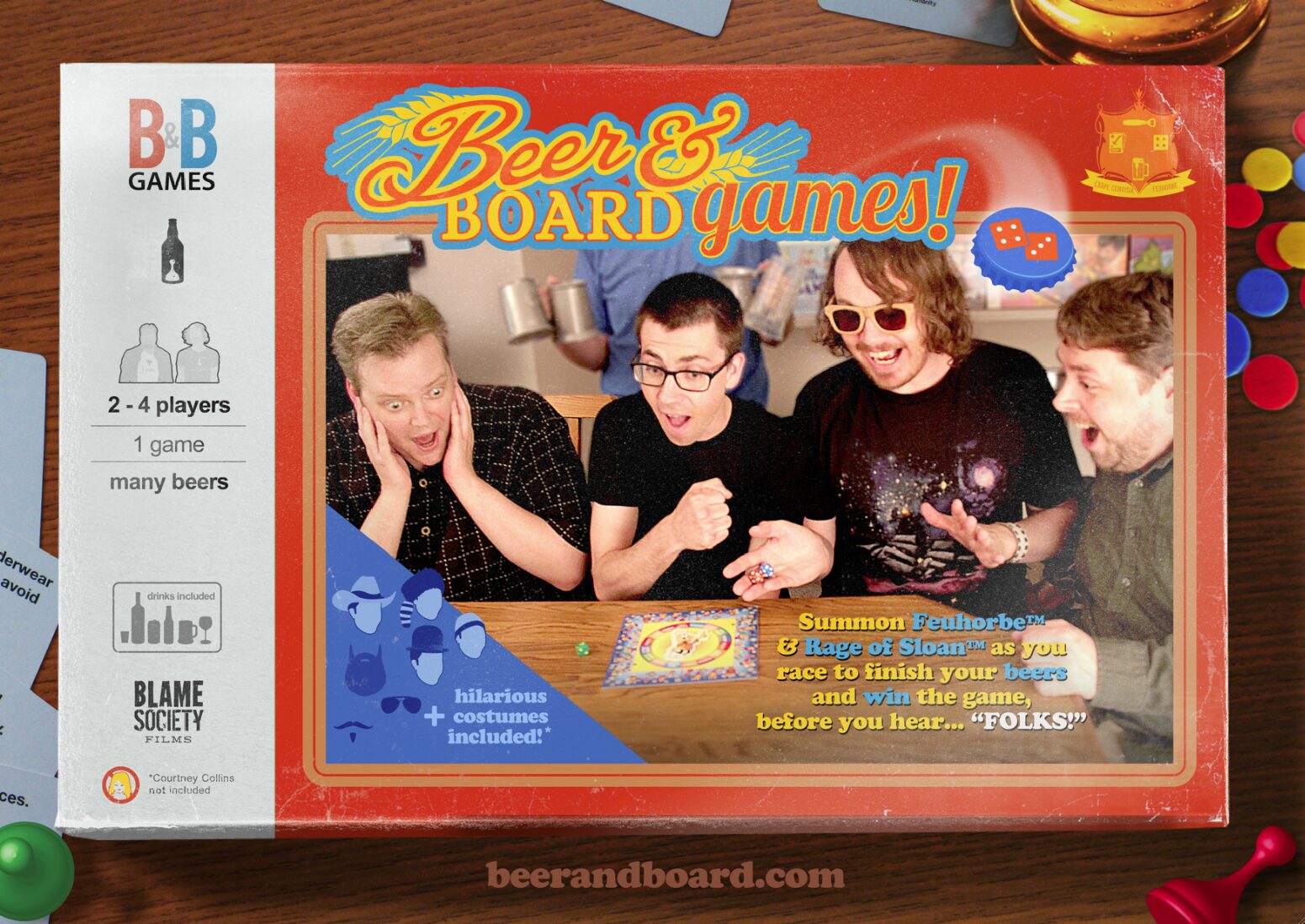 Four men react with surprise and excitement playing "Beer & Board Games."