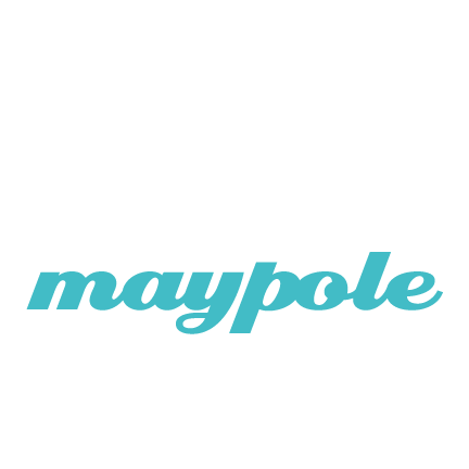 Turquoise "maypole" text with white silhouettes of dancers around a pole.